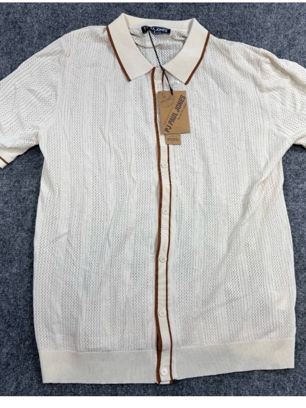 PJ Paul Jones Men's Hollow Out Polo Shirt Medium Beige button down shirt